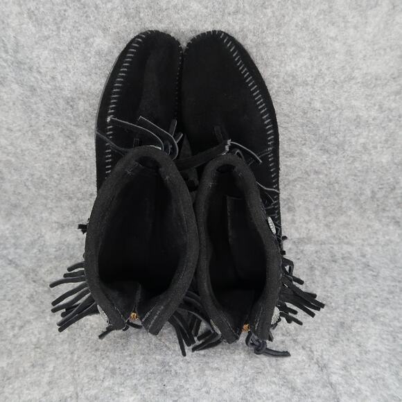 Minnetonka Shoes Womens 7.5 Bootie Moccasin Leather Hi Top Back Zip Fringe Black - Picture 7 of 13